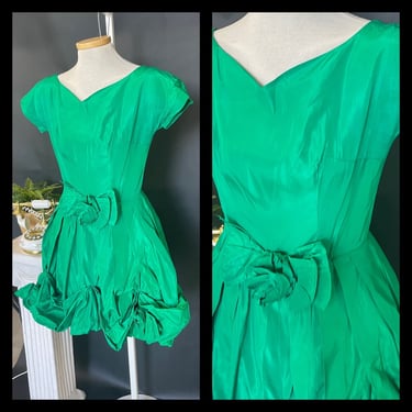 Vintage 1950s 1960s 60s Green Taffeta Dress Mod Cap Sleeve Rosettes Gathered Floral Flower Hem Mini Party Full Ruffles Ruffled Bright Color 