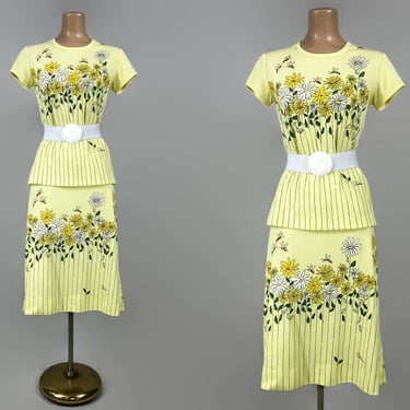 VINTAGE 70s Alfred Shaheen Daisy and Bee Skirt and Top Set Sz 10/12 | 1970s Signature Screenprint Blouse and Skirt Outfit | Miss Shaheen vfg 