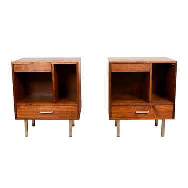 Unique Pair of MCM Walnut + Chrome Nightstands | Side Tables w. Open + Closed Storage