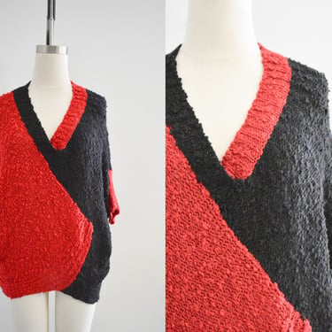1980s Red and Black Boucle Cocoon Sweater 