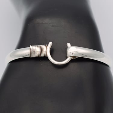80's 925 silver lucky horseshoe squeeze clasp bangle, edgy sterling oval good fortune bracelet 