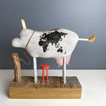 Folk art wooden cow with world map on side - 1980s vintage handmade 