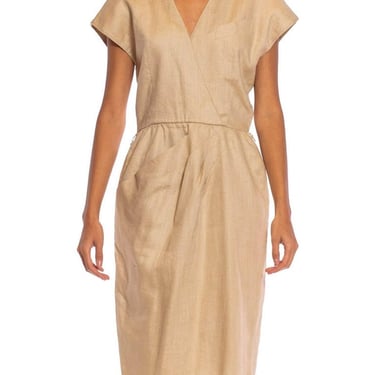 1980S Beige Linen Blend Dress Lined In Rayon 