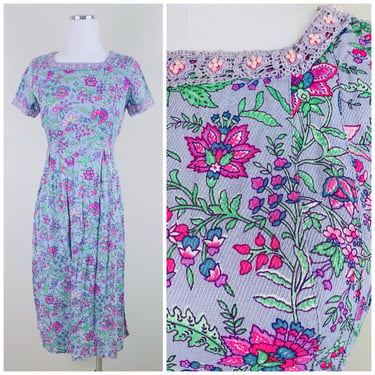 1990s Vintage Sarah Elizabeth Periwinkle Botanical Print Dress  / 90s Modest Rayon Purple Floral Print Day Dress / Small - Medium 