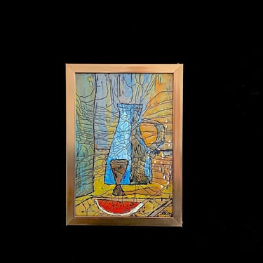 Vintage Enamel on Copper Plaque Painting by Mexican Artist: Domingo Block Enameled Copper Painting STILL LIFE 