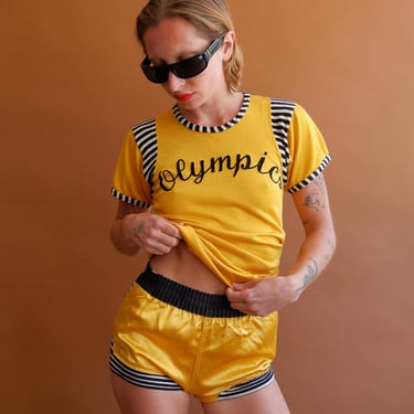Vintage 40s 50s Felco Rayon Jersey Shirt and Shorts Set/ 1940s Yellow Satin Stripes/ Size XS 