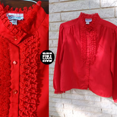 Vampy Vintage 70s 80s Red Ruffle Lace Long Sleeve Blouse 
