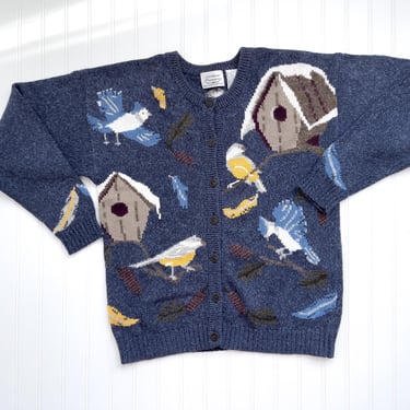 cute cottagecore sweater 90s vintage Northern Treasures birdhouse bird blue cardigan sweater 