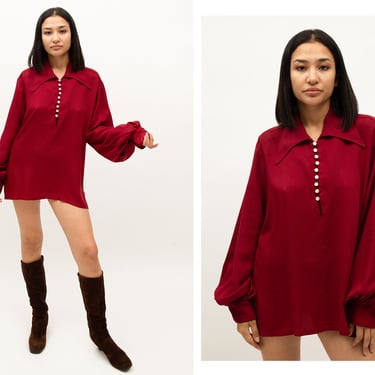Vintage 1970s 70s Burgundy Crimson Oversized Folk Tunic Mini Dress w/ Huge Bishop Sleeves Dagger Collar Opal Buttons 