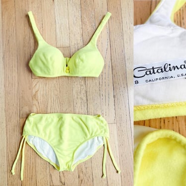 60s 70s Catalina Neon Yellow Velour Bikini Swimsuit Bathing Suit 