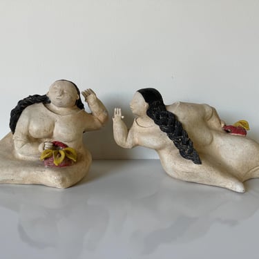 Vintage Mexican  Gorda Folk Art Clay Pottery Woman Figures - A Pair 