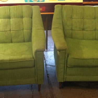 Green Twill Tufted Chairs PAIR