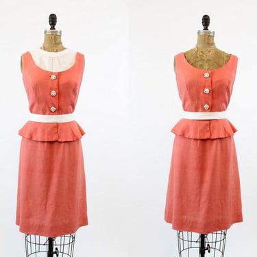 1950s linen dress large  | vintage peplum dress with dickey 