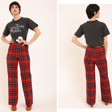 Vintage 1970s 70s Red Tartan Plaid High Waisted Wool Flare Pants Trousers By Pendleton // Made in USA 