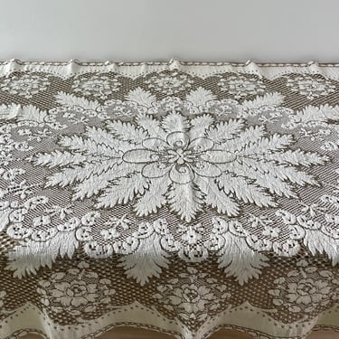 Vintage Tablecloth - Hand Made Tablecloth - Leaves & Floral Design - Ivory and Gray - Made in Great Britain 