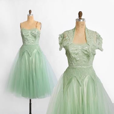 Vintage 50s Mint green Tulle lace dress + bolero 