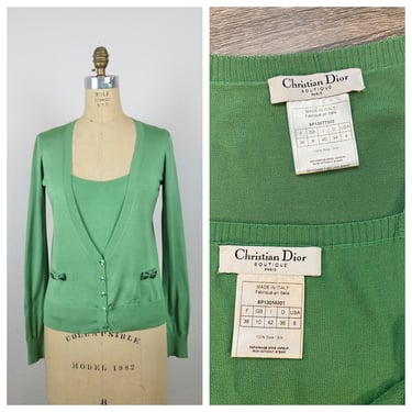 Vintage 1990s, Y2K Christian Dior cardigan sweater set, twinset, 2 piece, silk knit, small 