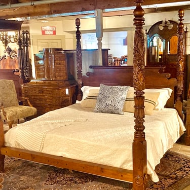 Acanthus  Leaf Carved Bed in Mahogany Original Tall Posts ~ Circa 1840 Resized to King
