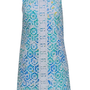 Lilly Pulitzer - Blue Floral Print Shift Dress w/ White Crochet Sz 2