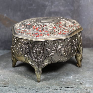 Pierced Metal Filagree Jewelry Box | Footed Metal Small Jewelry Box Red Fabric Lined | Silver Toned Box | Bixley Shop 