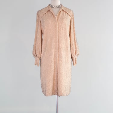 Fabulous 1960's Fully Beaded Shirt Style Cocktail Dress / Medium
