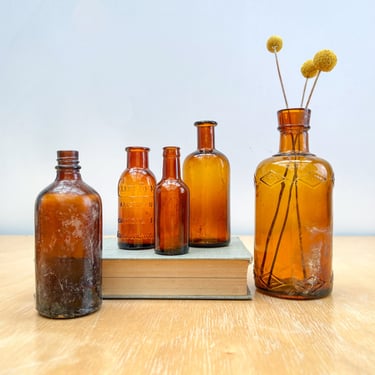 Antique Amber Glass Bottle Collection, 19th Century 1800s Apothecary Jars Found in Wisconsin, Celery-Fo-Mo American Chemical Co. 