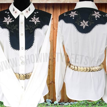 Vintage Retro Women's Cowgirl Western Shirt by Idyllwind, Western Blouse, Navy Yokes with Floral Embroidery, Large (see meas. photo) 