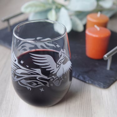Phoenix Stemless Wine Glass - engraved fire bird for rebirth, renewal, grief, loss, hope 