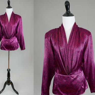 80s 90s Pleated V-Neck Blouse - Magenta Pink w/ Black Ornate Curls Print - San André - Vintage 1980s 1990s - M 
