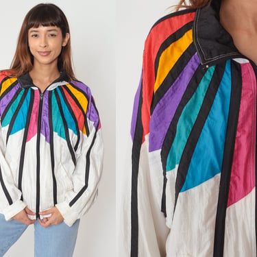 Rainbow Windbreaker 90s White Striped Zip Up Track Jacket Bright Colorful Black Retro Bomber Shell Nylon Vintage 1990s Large L 