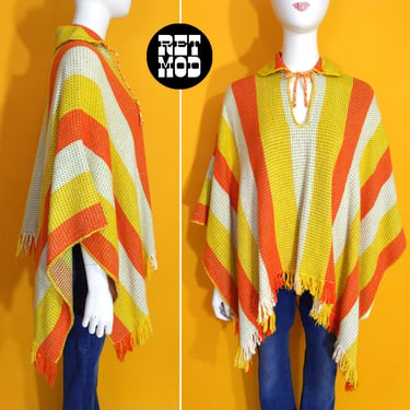 Groovy Vintage 70s Yellow Orange White Stripe Collared Poncho 