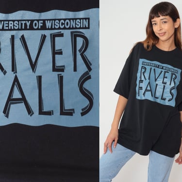 University of Wisconsin River Falls Shirt 90s College T-Shirt UWRF Graphic Tee Falcons TShirt Single Stitch Black Blue Vintage 1990s 2xl xxl 