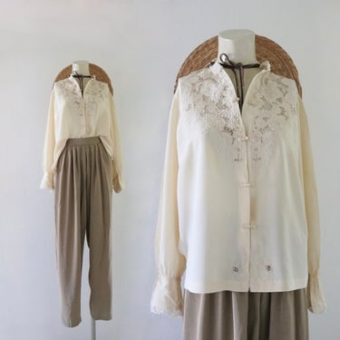 imperfect (see details) silk 1960s hand embroidered blouse - s - vintage womens ivory cream cutwork cut work size small shirt blouse 60s 