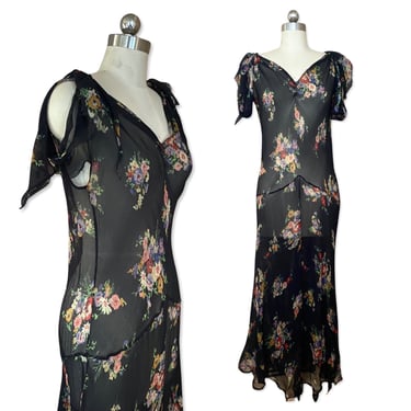 Double RL 1930s bias cut dress, vintage 30s inspired Black Floral Silk Chiffon Slip Dress Ralph Lauren Polo RRL M 4-8 