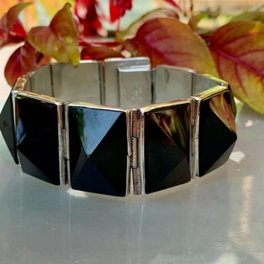 Vintage Sterling & Black Tourmaline Bracelet - Pyramid Cut Stones - Sterling Silver - Handmade in Mexico - Box Clasp - 7 Inches Long 