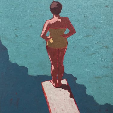 Woman on Diving Board #5 - Original Acrylic Painting on Canvas 12 x 16, blue, outside, summer, michael van, square, water, retro, sunlit 