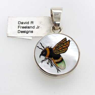 David R Freeland Jr Artisan Multi Stone Inlay Bee Insect Pendant Sterling Silver 