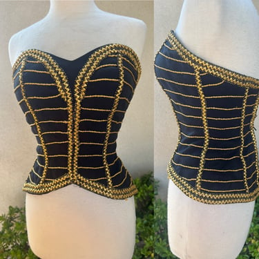 Vintage bustier top black with gold trim lined size XS 32” 