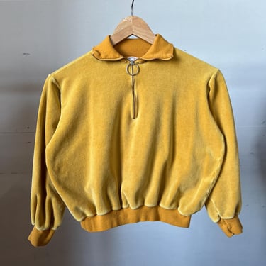 XS Sm, Vintage 1960s 1970s Yellow Velour Sweatshirt, Quarter Zip, O 