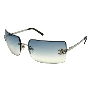 Chanel Blue Rhinestone Logo Rimless Sunglasses
