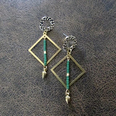 Green seed bead and brass geometric earrings 