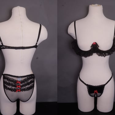 90s Frederick's of Hollywood Black Nylon Lace Open Cup Shelf Bra & Crotchless Panty Set, Red Bows, Unworn with Tags, Made in USA, Size 32/34 