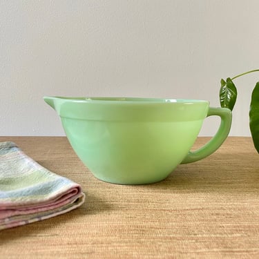 Vintage Jadeite Fire King Mixing Bowl - Jadeite Oven Ware Batter Bowl with Handle - Green Milk Depression Glass - 1950s Jade-ite Bowl 