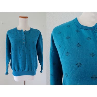 Vintage Slouchy Pullover Sweater Blue Henley Sweatshirt 80s 90s Grunge Long Sleeve - Size Small 