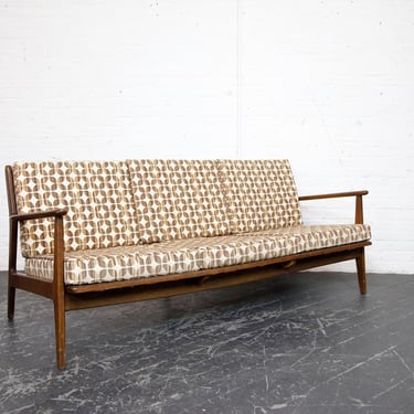 Vintage MCM wood frame 3 seater sofa w/ new upholstery and foam cushions by Baumritter | Free delivery in NYC and Hudson Valley areas 