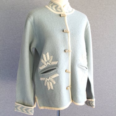 Powder Blue/ Winter White - Cardigan - by WondraWool by Knitting Needles - Marked size S 