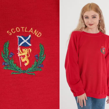 Scotland Sweatshirt 80s Red Crewneck Pullover Sweatshirt Scottish Crest Flag Sweater Raglan Sleeve Made In Scotland Vintage 1980s Mens XL 