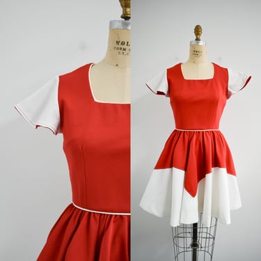 1970s Red and White Knit Square Dance Dress and Bloomers 