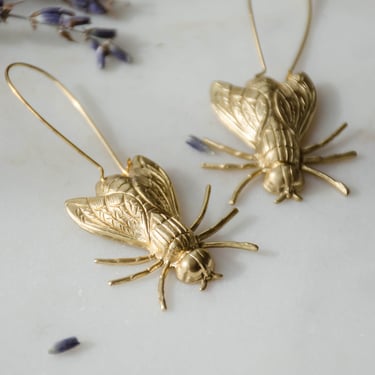 gold fly earrings, insect charm earrings, vintage brass earrings, bohemian nature woodland gift for her, statement earrings 