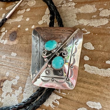 SILVER TURQUOISE TWINS Bolo Tie w/ Leather Cord | Sterling Silver Bolo | Native American Navajo Mens Jewelry, Southwestern | Vintage Bolo 